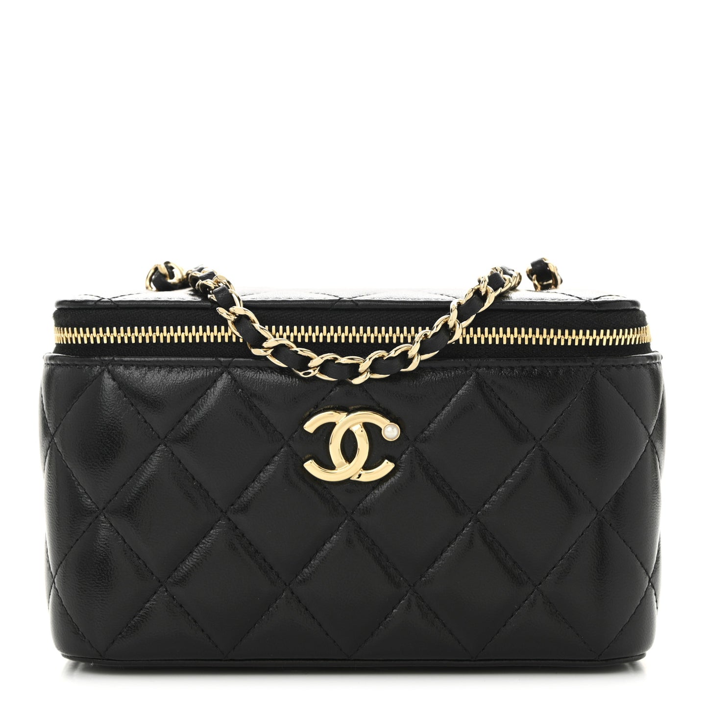 Shiny Lambskin Quilted Pearl Crush Small Vanity Case With Chain Black