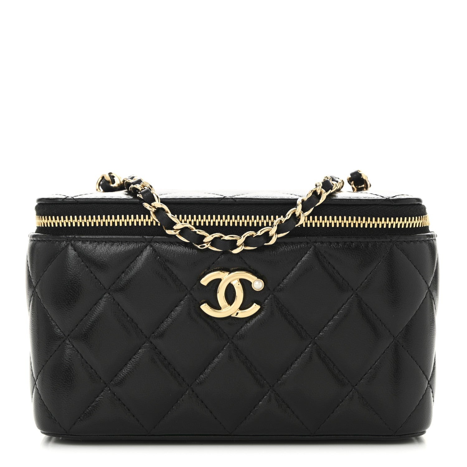 Chanel Shiny Lambskin Quilted Pearl Crush Small Vanity Case With Chain Black 1 of 10