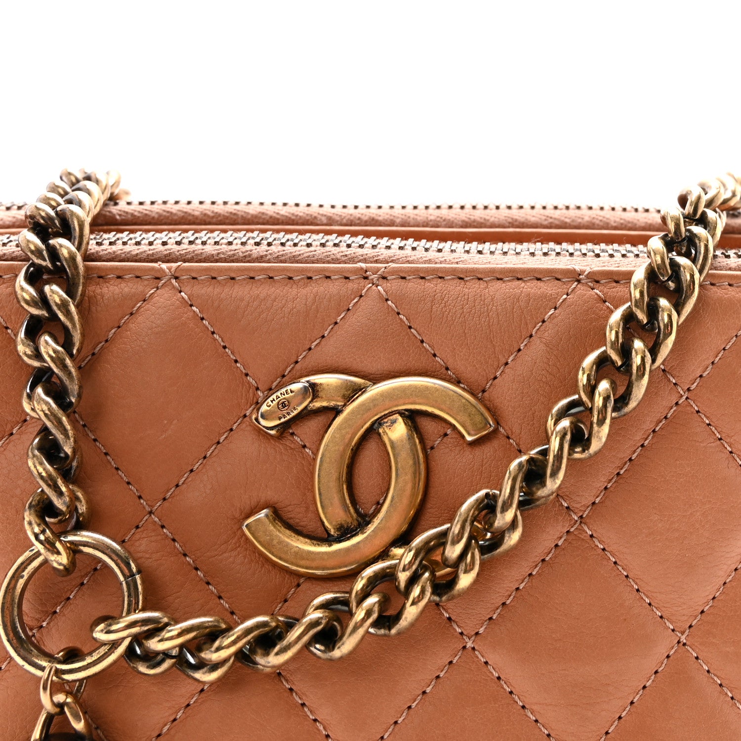 Chanel Calfskin Quilted Crown CC Double Zip Bag Beige 1889207