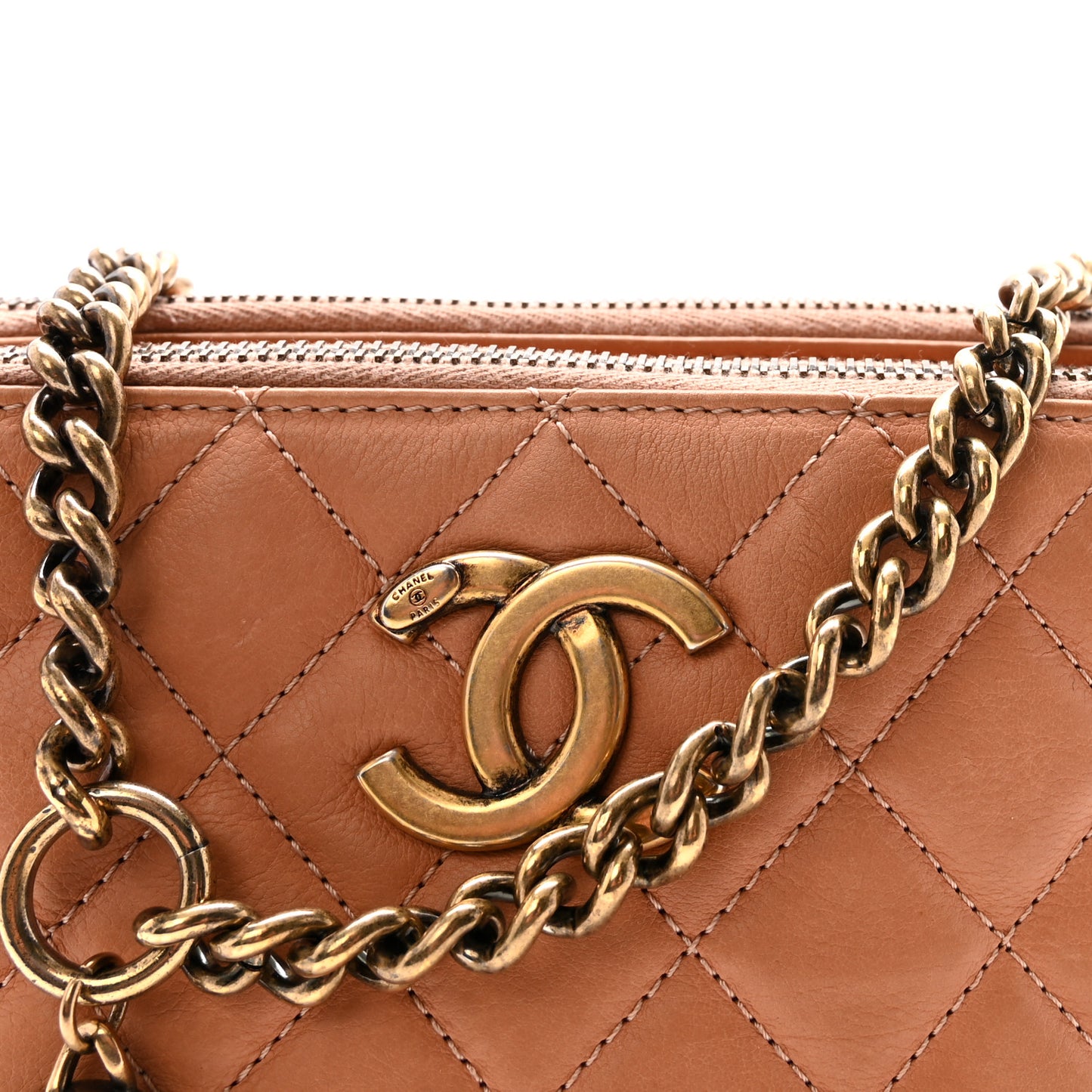 Calfskin Quilted Crown CC Double Zip Bag Beige