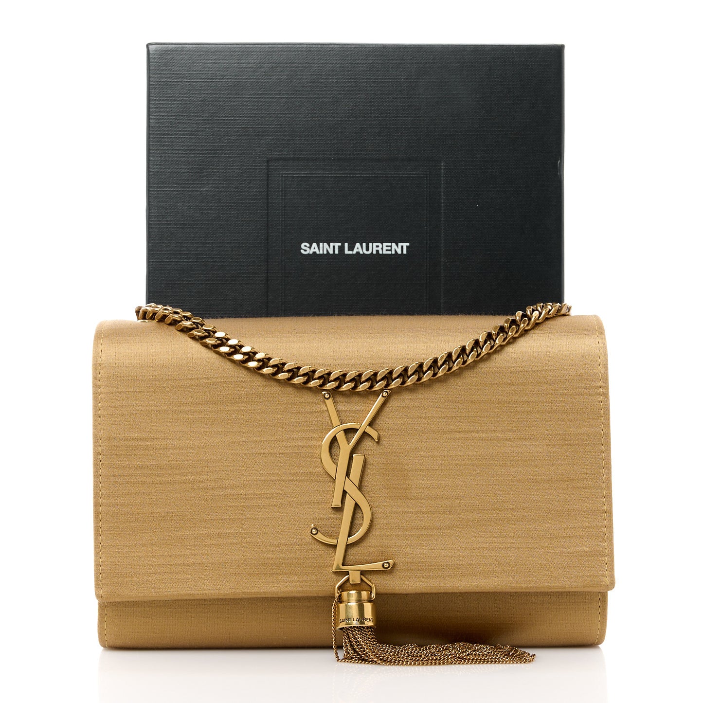 Satin Small Classic Monogram Kate Tassel Satchel Sahara Beige