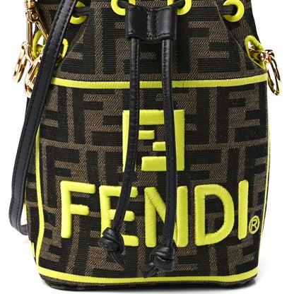 Fendi Fabric Jacquard Shiny Nappa FF 1974 Logo Threaded Edge Mini Mon Tresor Bucket Bag Tobacco Moro Giallo Fluo 9 of 12