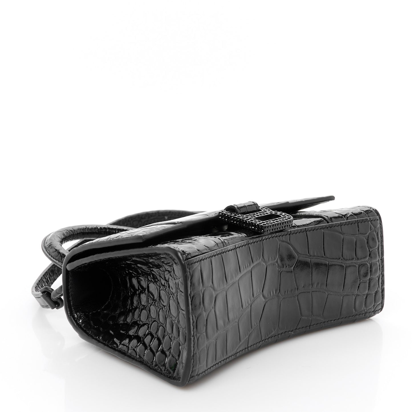 Shiny Calfskin Strass Monochrome Crocodile Embossed Hourglass Top Handle Bag XS Black