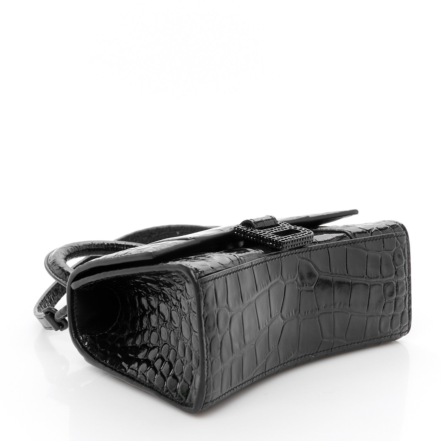 Balenciaga Shiny Calfskin Strass Monochrome Crocodile Embossed Hourglass Top Handle Bag XS Black 3 of 9