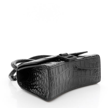 Balenciaga Shiny Calfskin Strass Monochrome Crocodile Embossed Hourglass Top Handle Bag XS Black 3 of 9