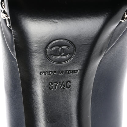 Chanel Calfskin Patent CC Cap Toe Platform Chain Pumps 37.5 Navy Black 6 of 10