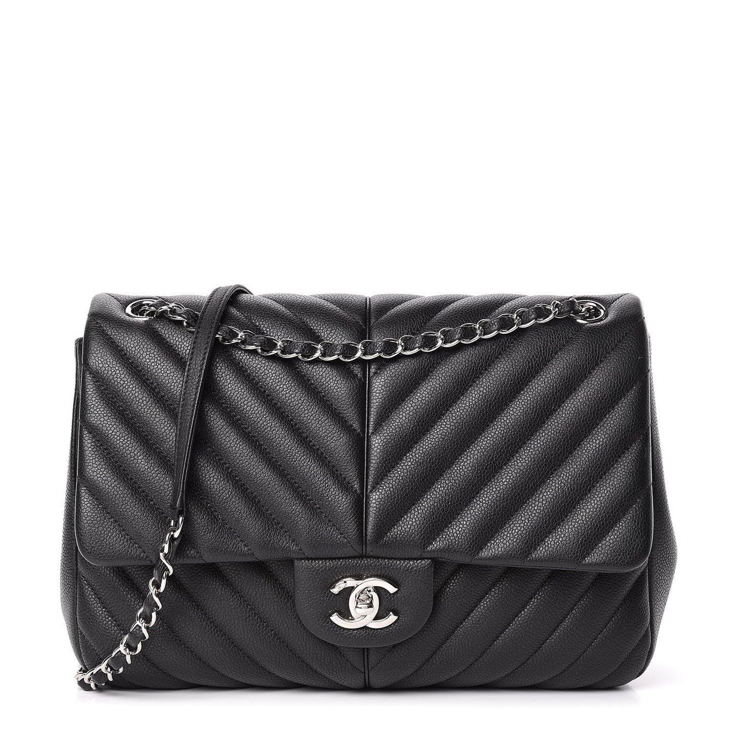 Caviar Chevron Quilted Large Puffy CC Flap Black