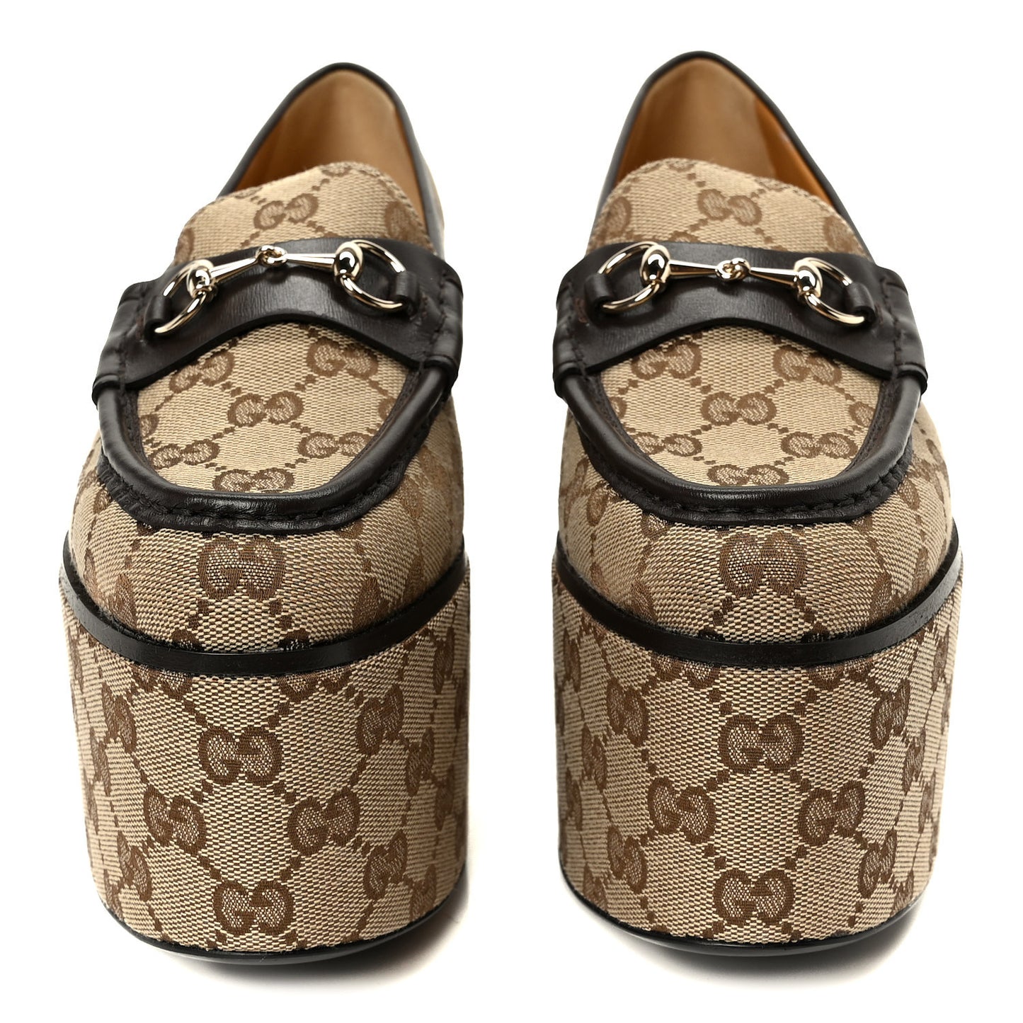 Canvas GG Monogram Horsebit Calfskin Womens Horsebit Platform Loafers 39.5 Beige Ebony Cocoa