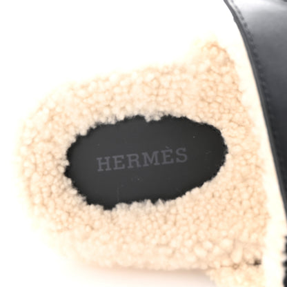 Hermes Calfskin Woolskin Womens Chypre Sandals 36 Black Ecru 8 of 9