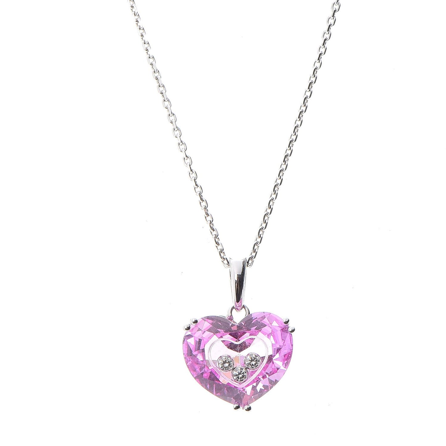 18K White Gold Pink Sapphire 3 Diamonds So Happy Heart Necklace