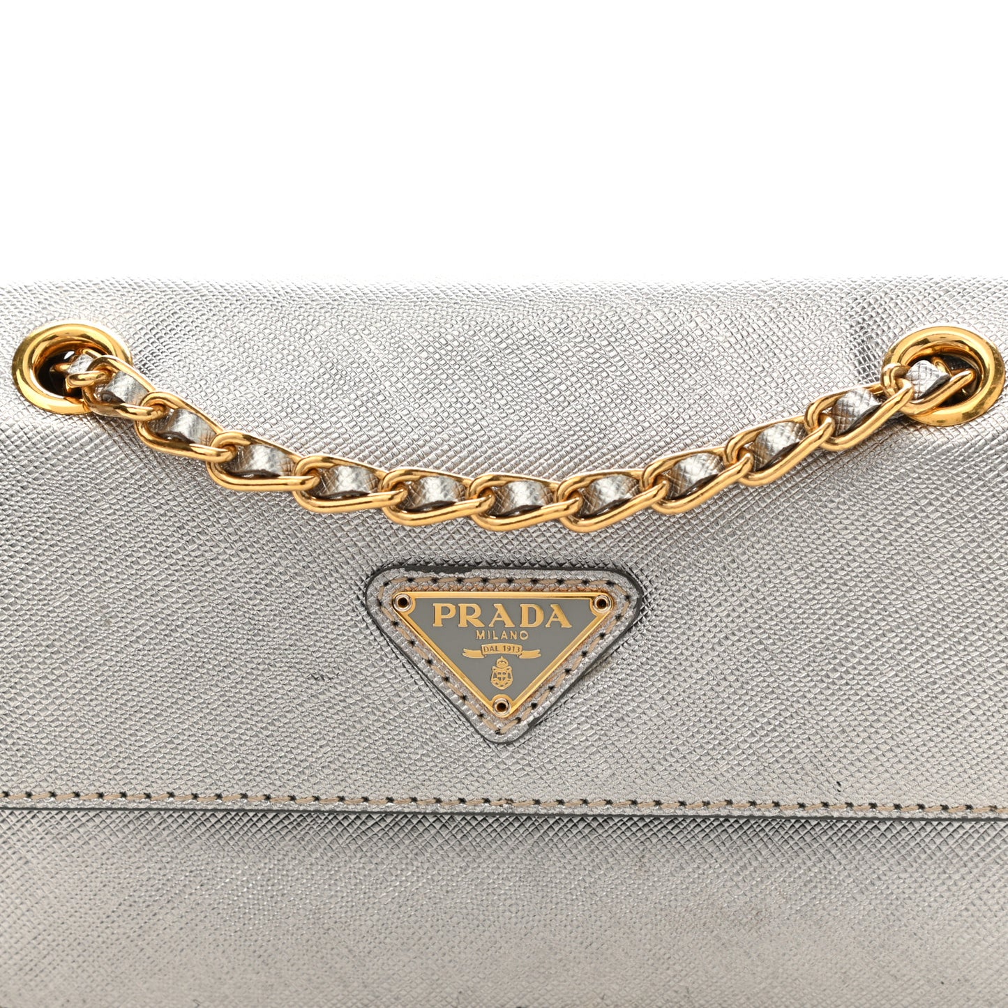 Saffiano Lux Chain Shoulder Bag Argento