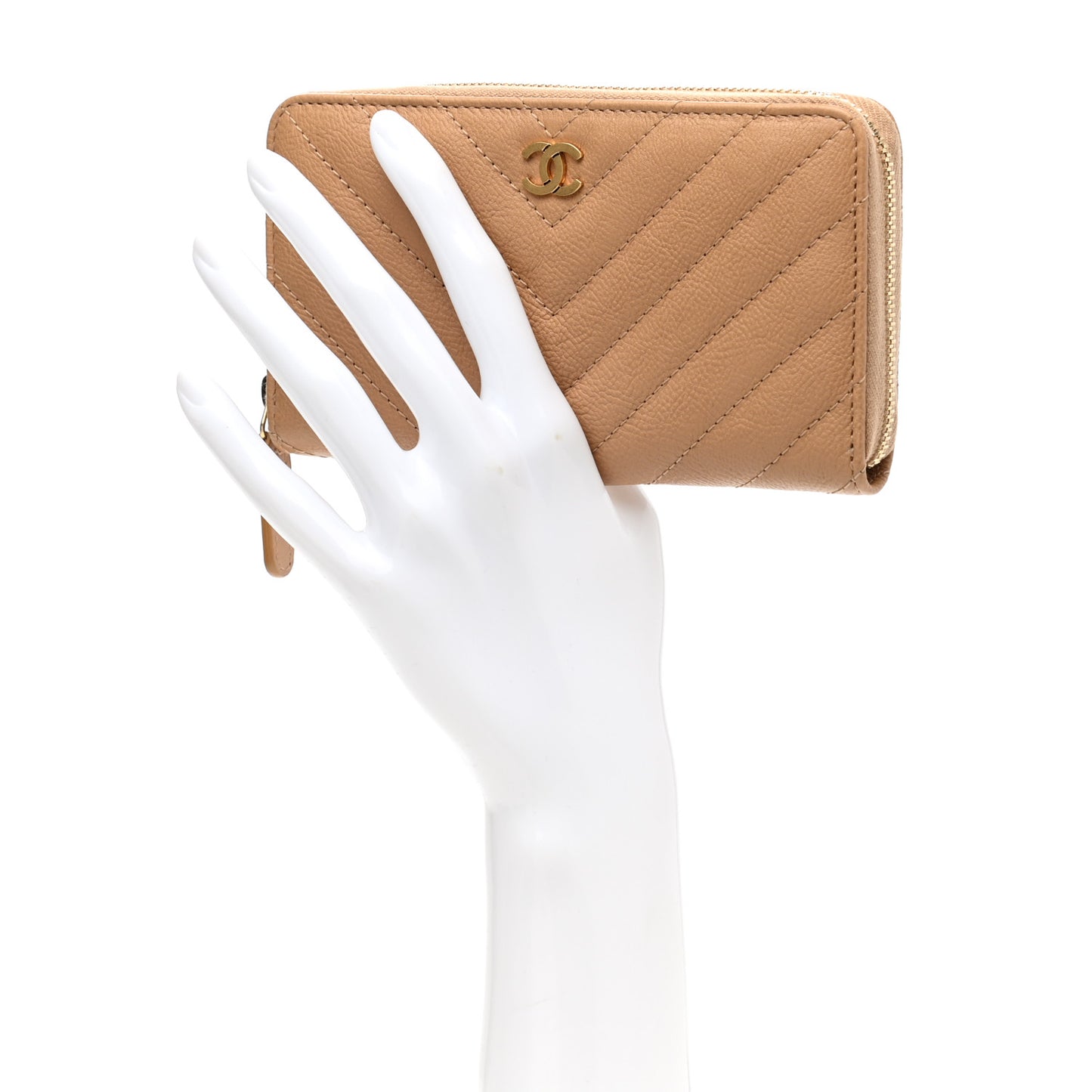 Glazed Lambskin Chevron Quilted Zip Around Wallet Beige