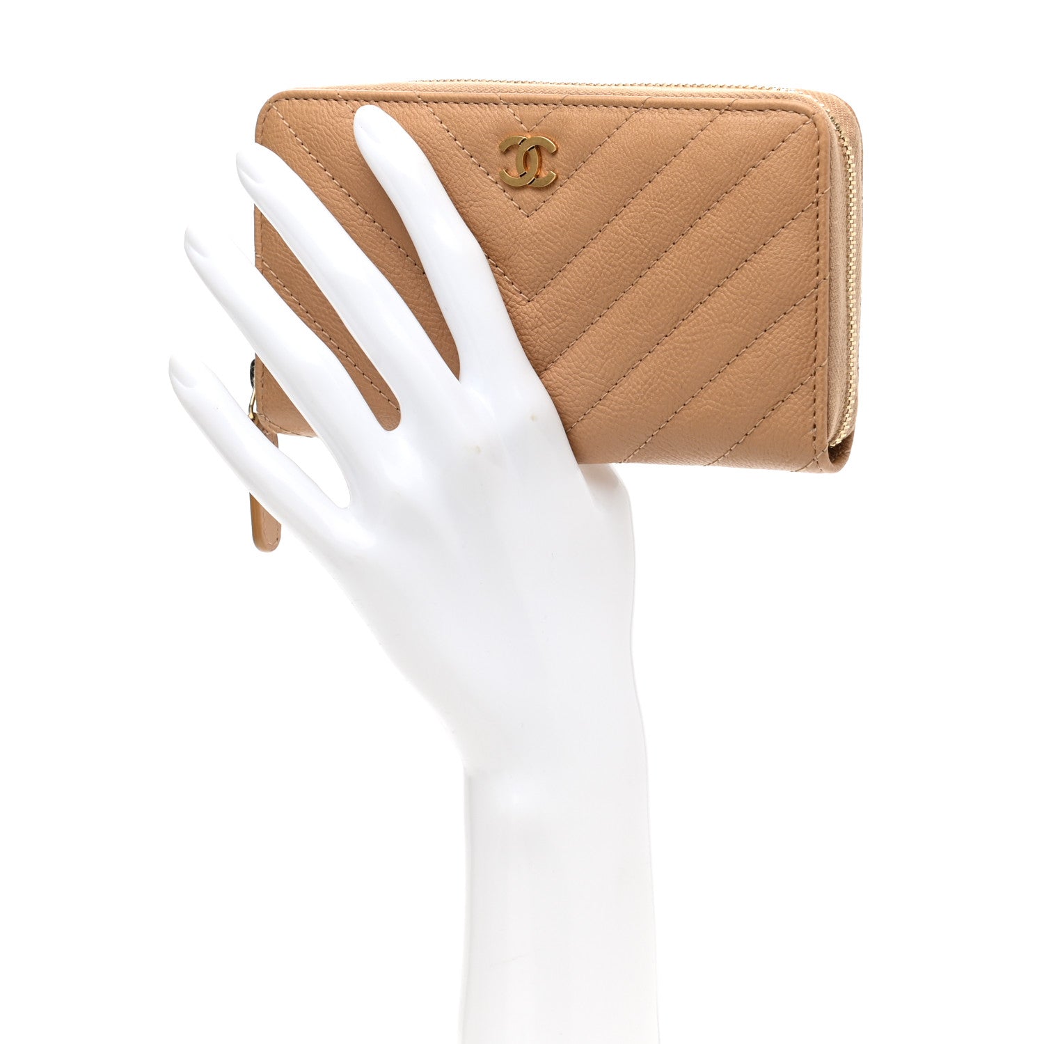 Chanel Glazed Lambskin Chevron Quilted Zip Around Wallet Beige 2 of 10