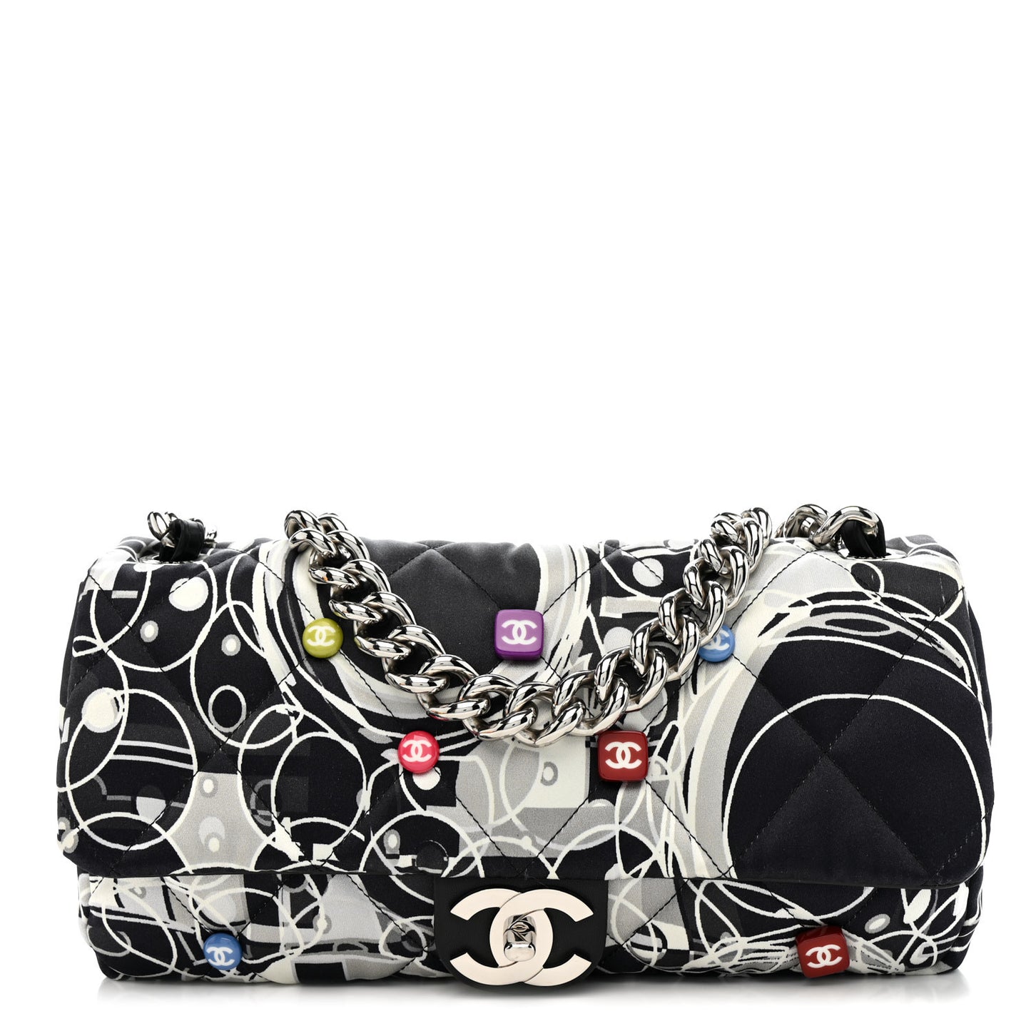 Satin Quilted Medium Kaleidoscope Flap Black White