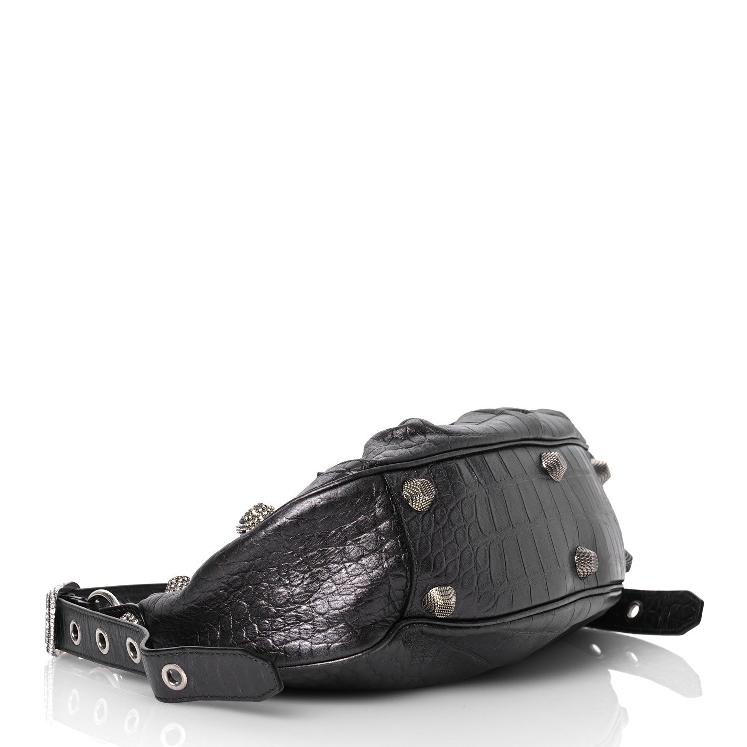 Balenciaga Metallic Calfskin Crocodile Embossed Crystal Small Le Cagole Shoulder Bag Gunmetal 4 of 14