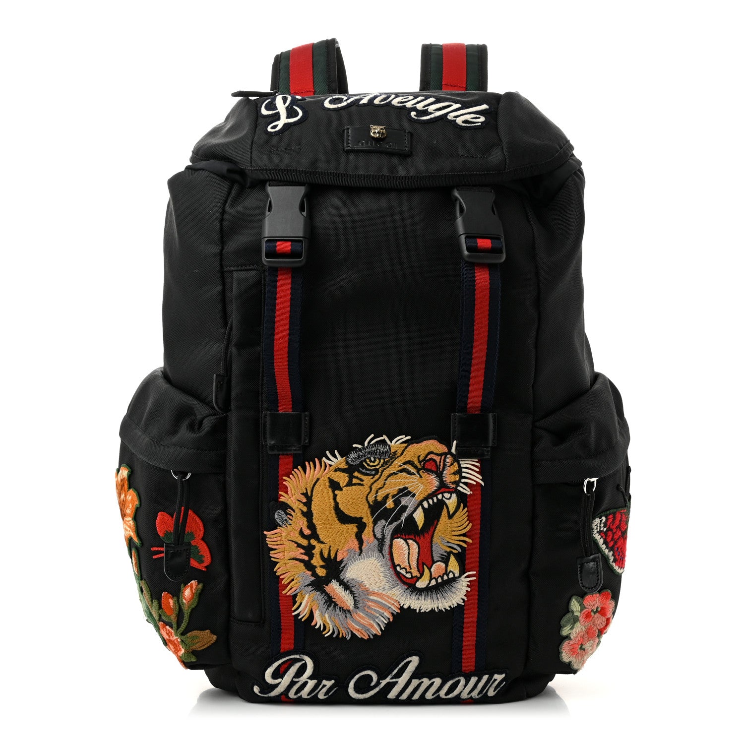 Gucci Techno Canvas Web L'Aveugle Par Amour Embroidered Double Buckle Backpack Black 1 of 10