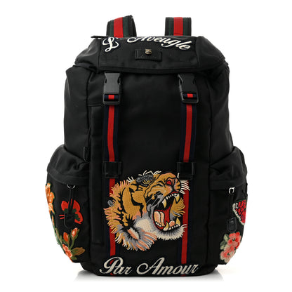 Gucci Techno Canvas Web L'Aveugle Par Amour Embroidered Double Buckle Backpack Black 1 of 10