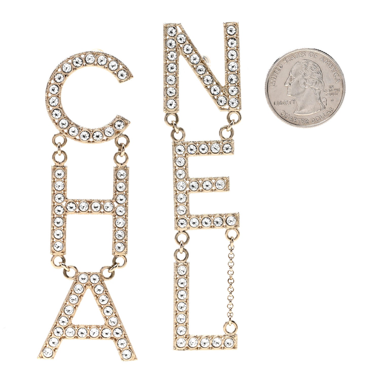 Chanel Crystal Cha-Nel Logo Drop Earrings Gold 2 of 5