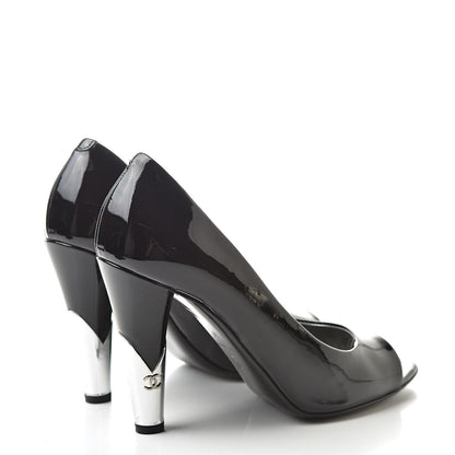 Chanel Patent Open Toe CC Pumps 37 Black 4 of 10