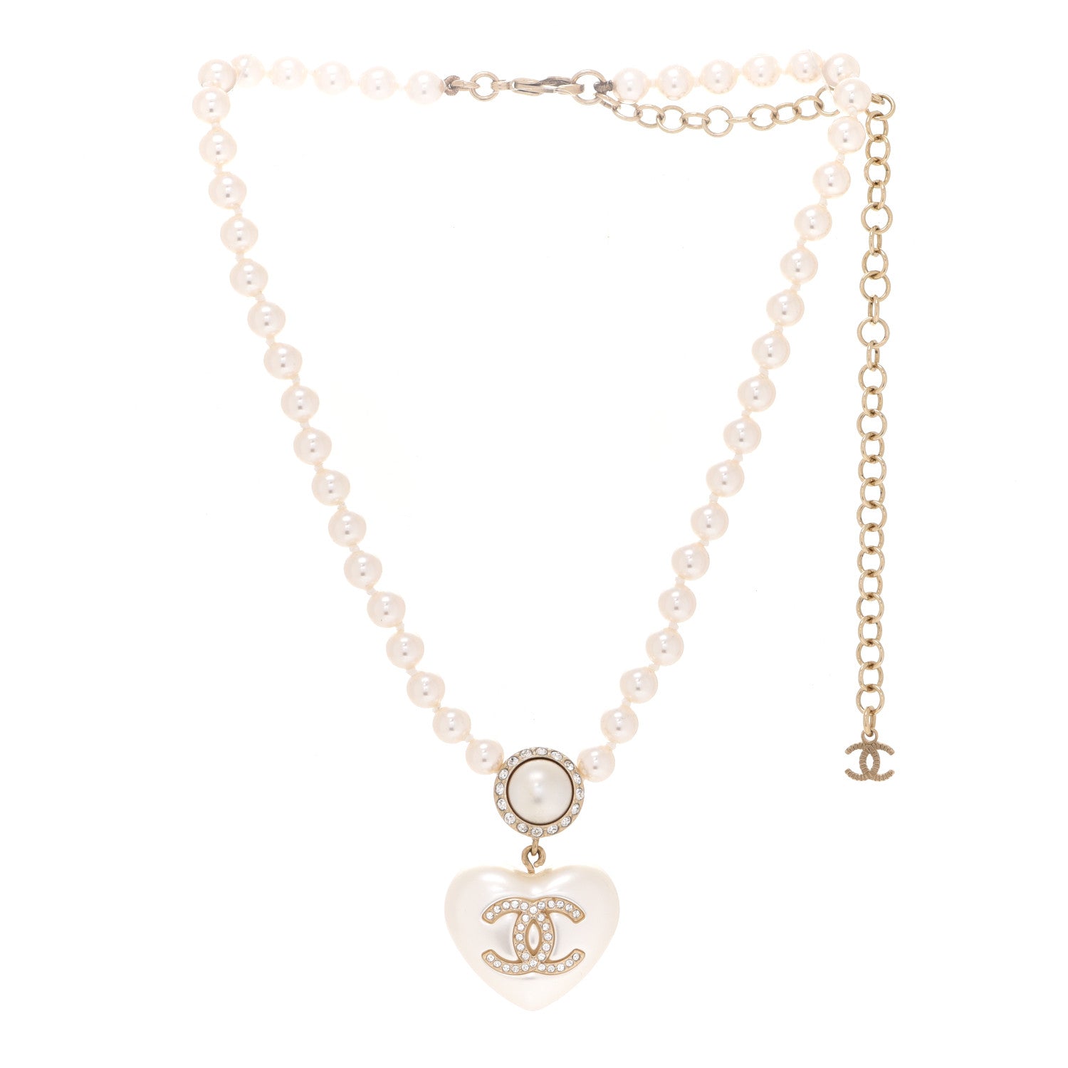 Chanel Pearl Crystal CC Heart Short Necklace Pearly White Gold 3 of 8