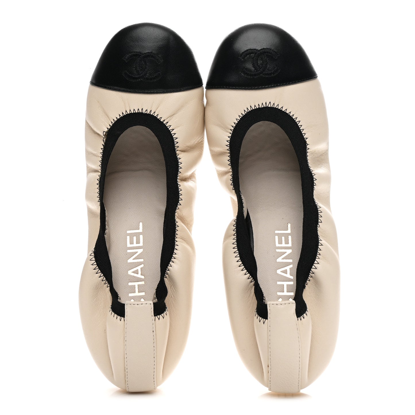 Lambskin CC Elastic Cap Toe Ballerina Flats 35 White Black