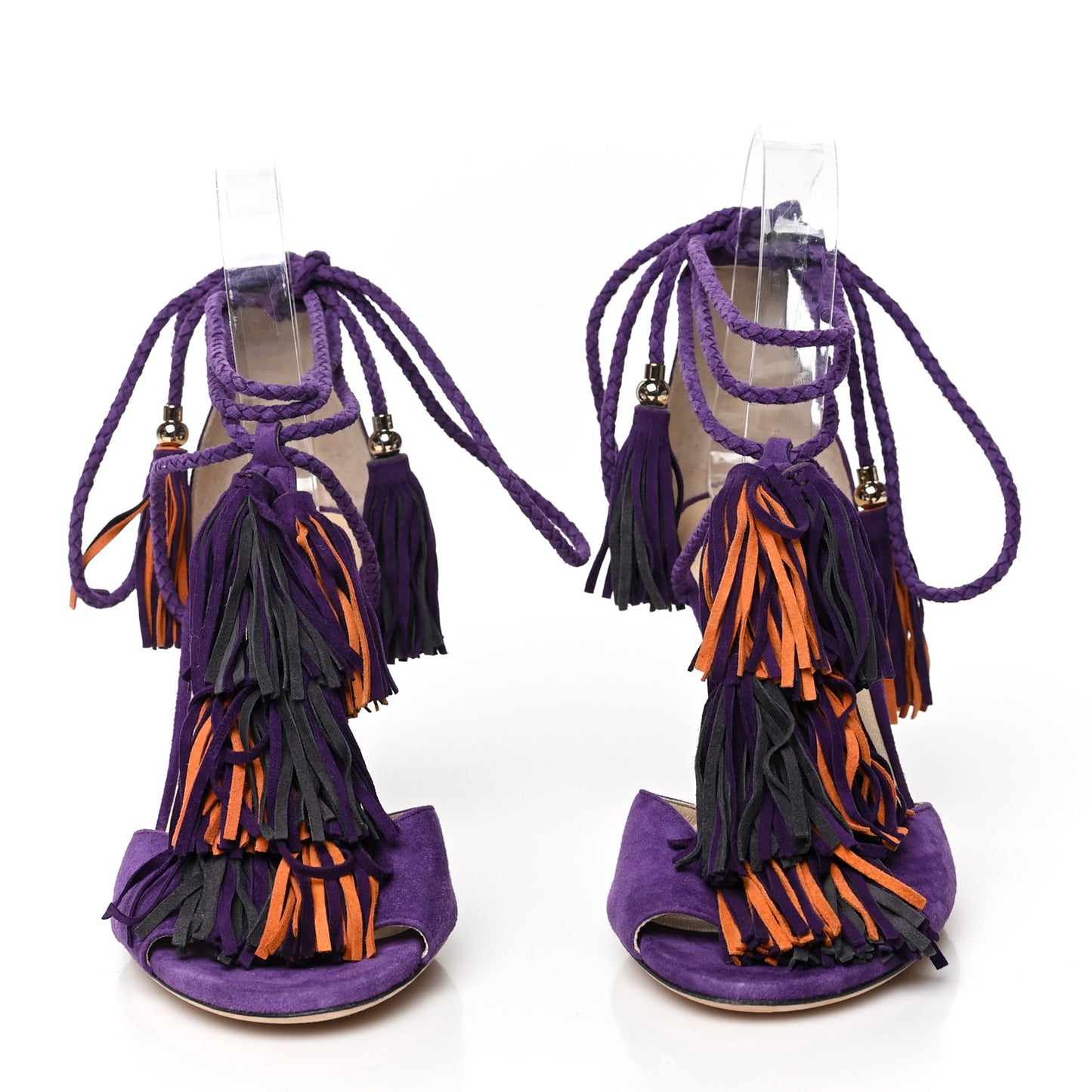 Suede Mindy Fringe Ankle Wrap Sandals 37 Purple