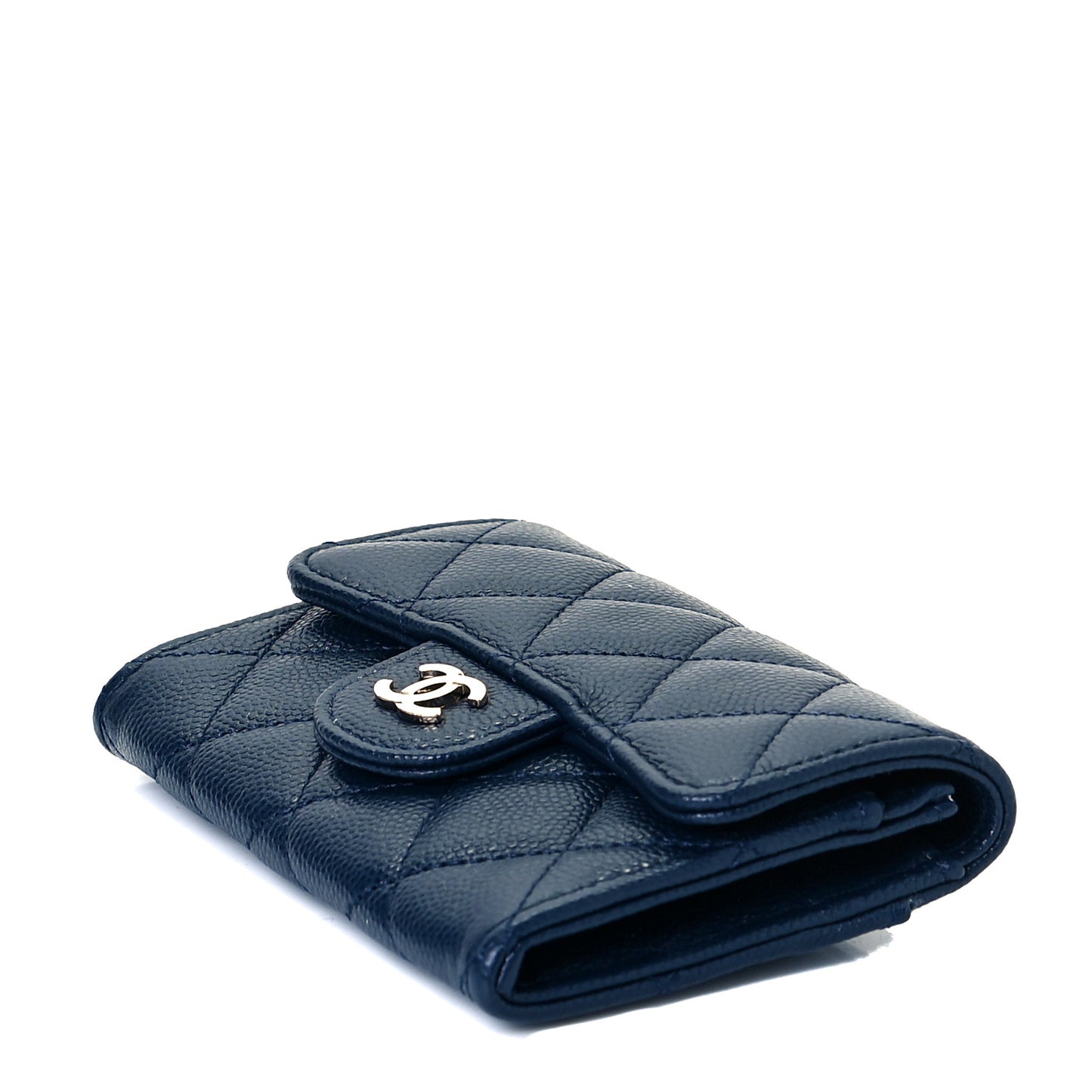 Caviar Quilted Flap Card Holder Wallet Navy Blue
