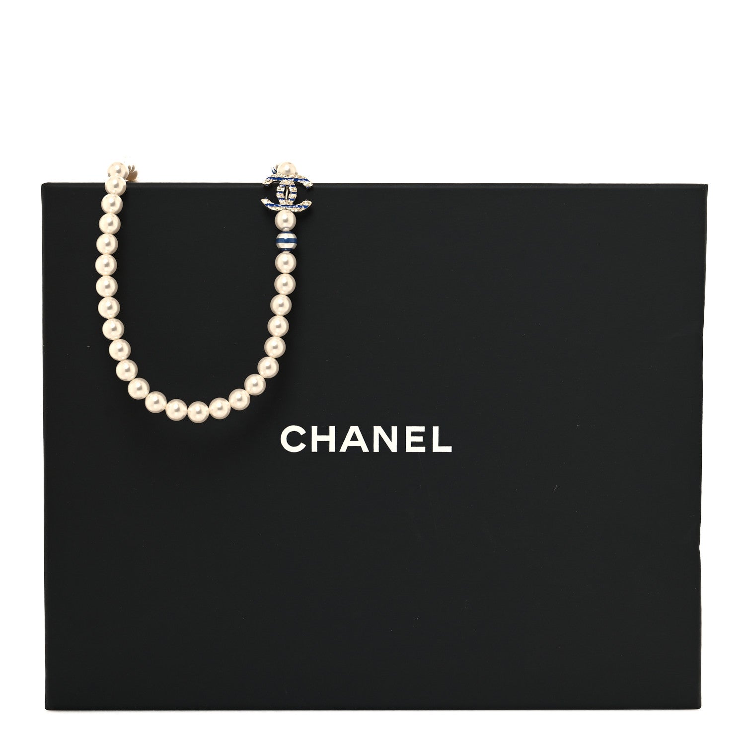 Chanel Resin Pearl Striped CC Long Necklace Blue Gold 5 of 5
