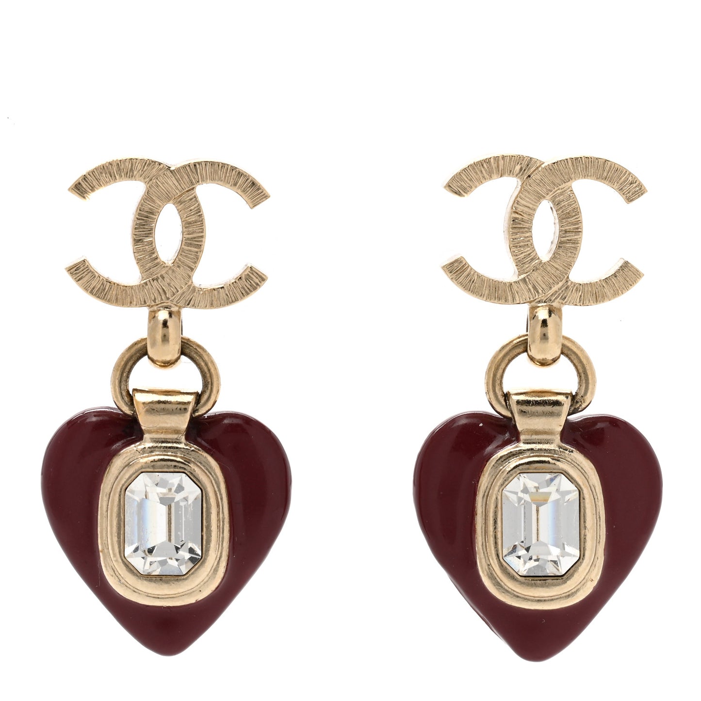Resin Crystal CC Heart Drop Earrings Red Gold