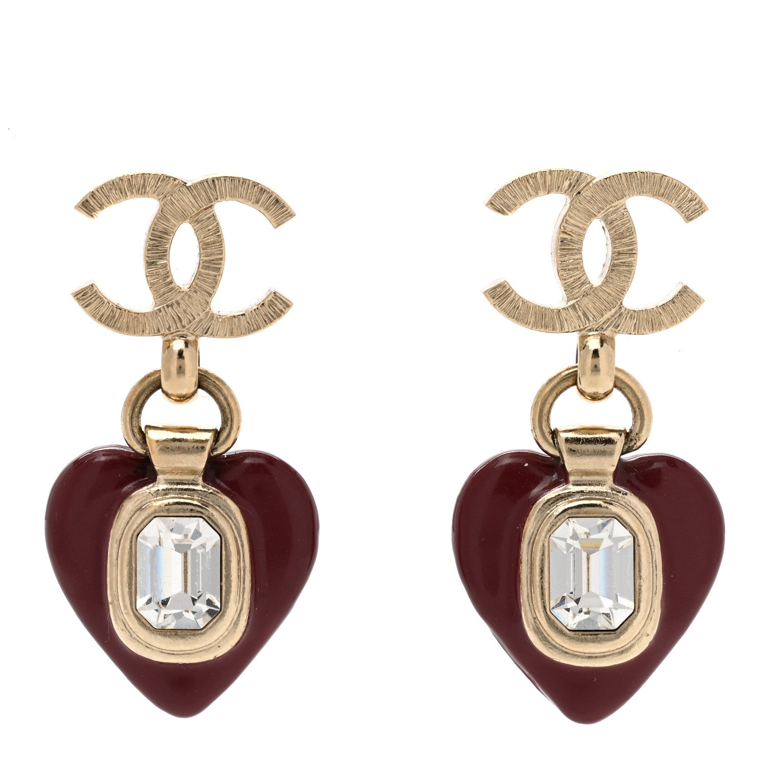Chanel Resin Crystal CC Heart Drop Earrings Red Gold 1 of 4