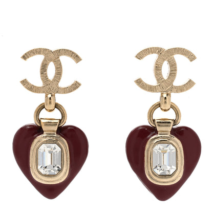 Chanel Resin Crystal CC Heart Drop Earrings Red Gold 1 of 4