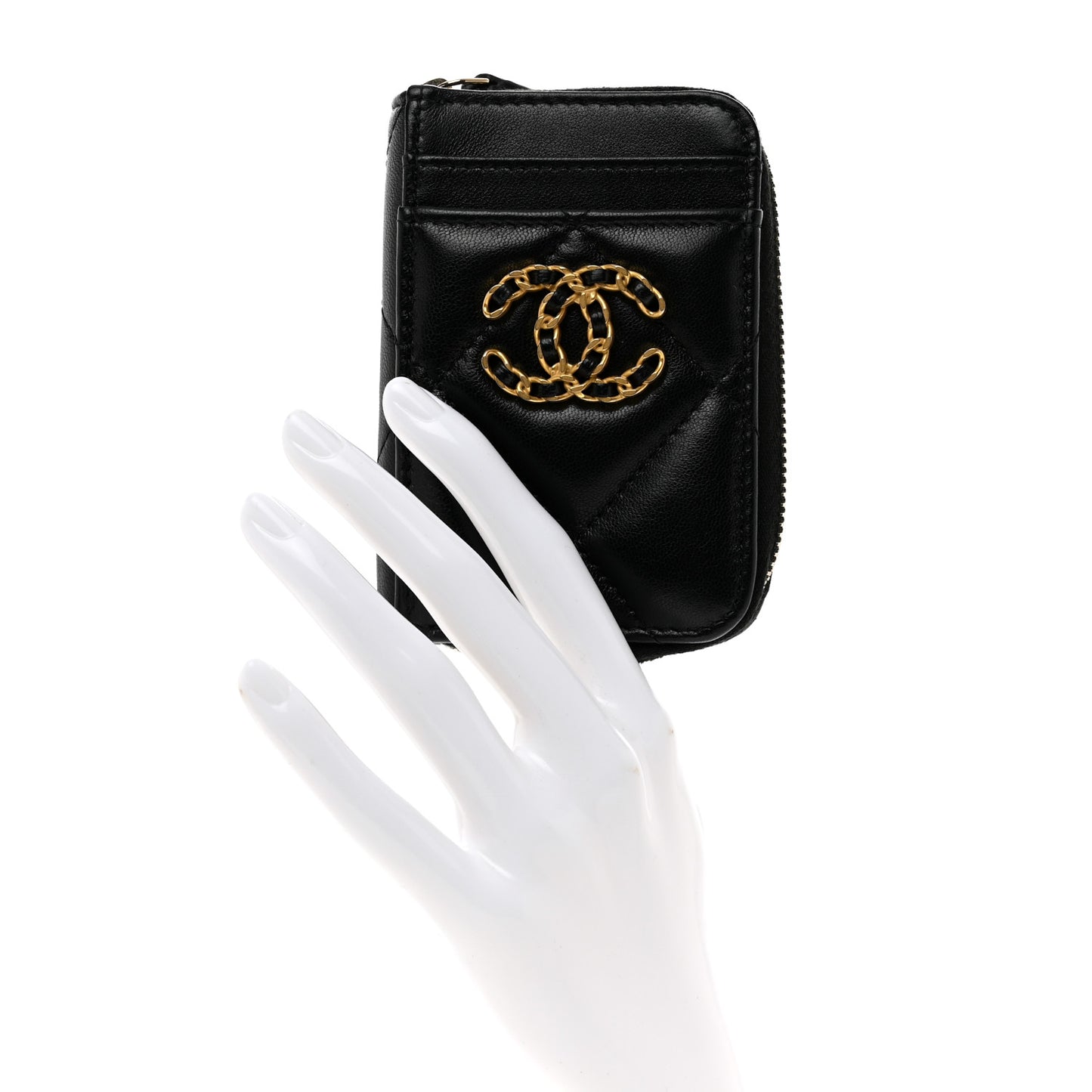 Lambskin Quilted Chanel 19 Vertical Zip Card Holder Wallet Black