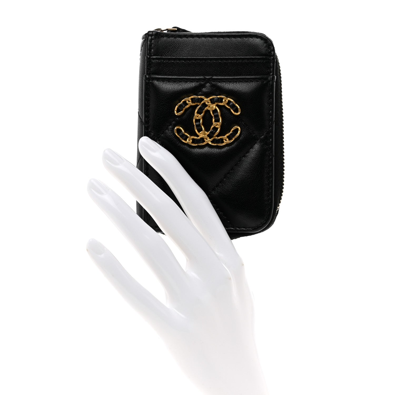 Chanel Lambskin Quilted Chanel 19 Vertical Zip Card Holder Wallet Black 2 of 8