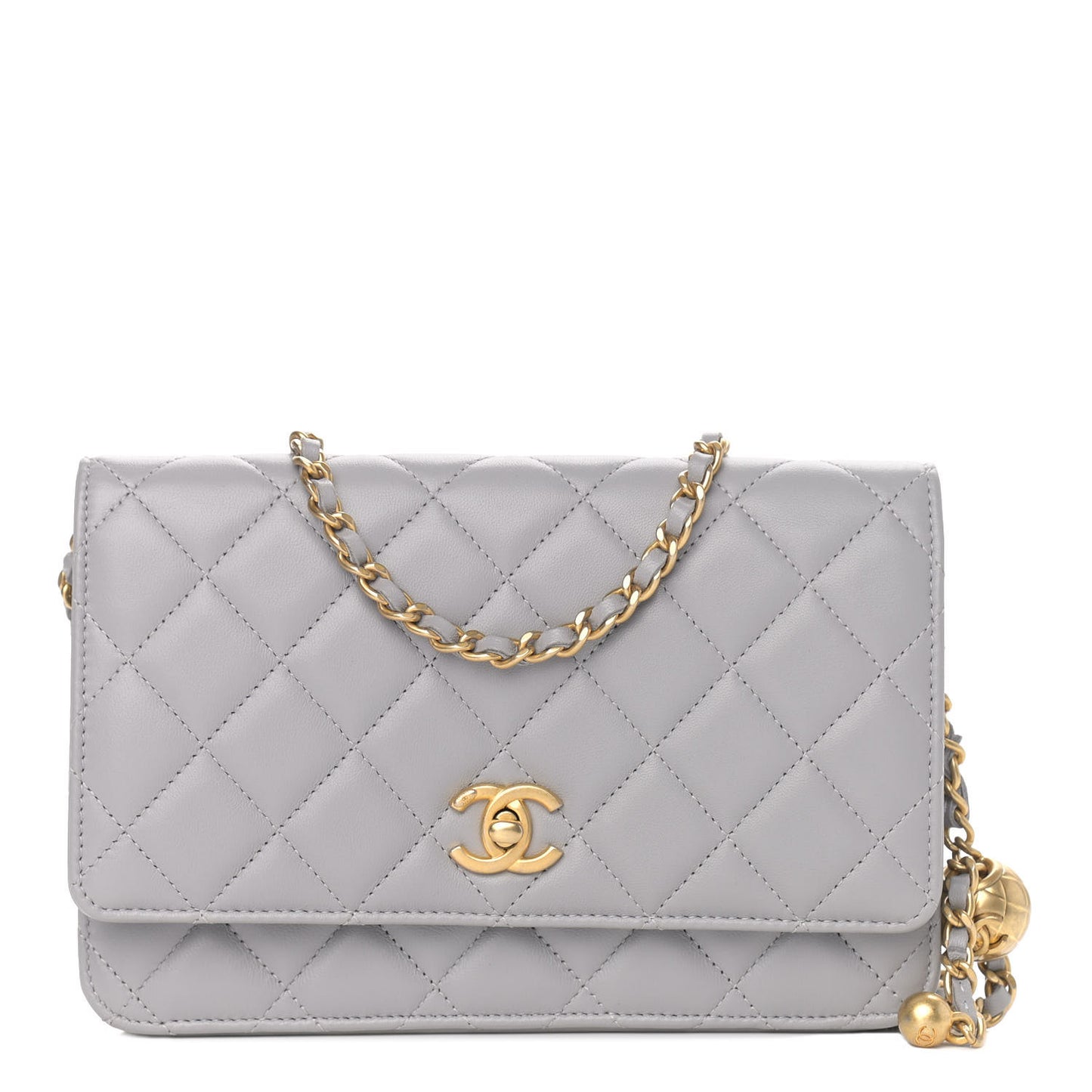 Lambskin Quilted CC Pearl Crush Wallet on Chain WOC Grey