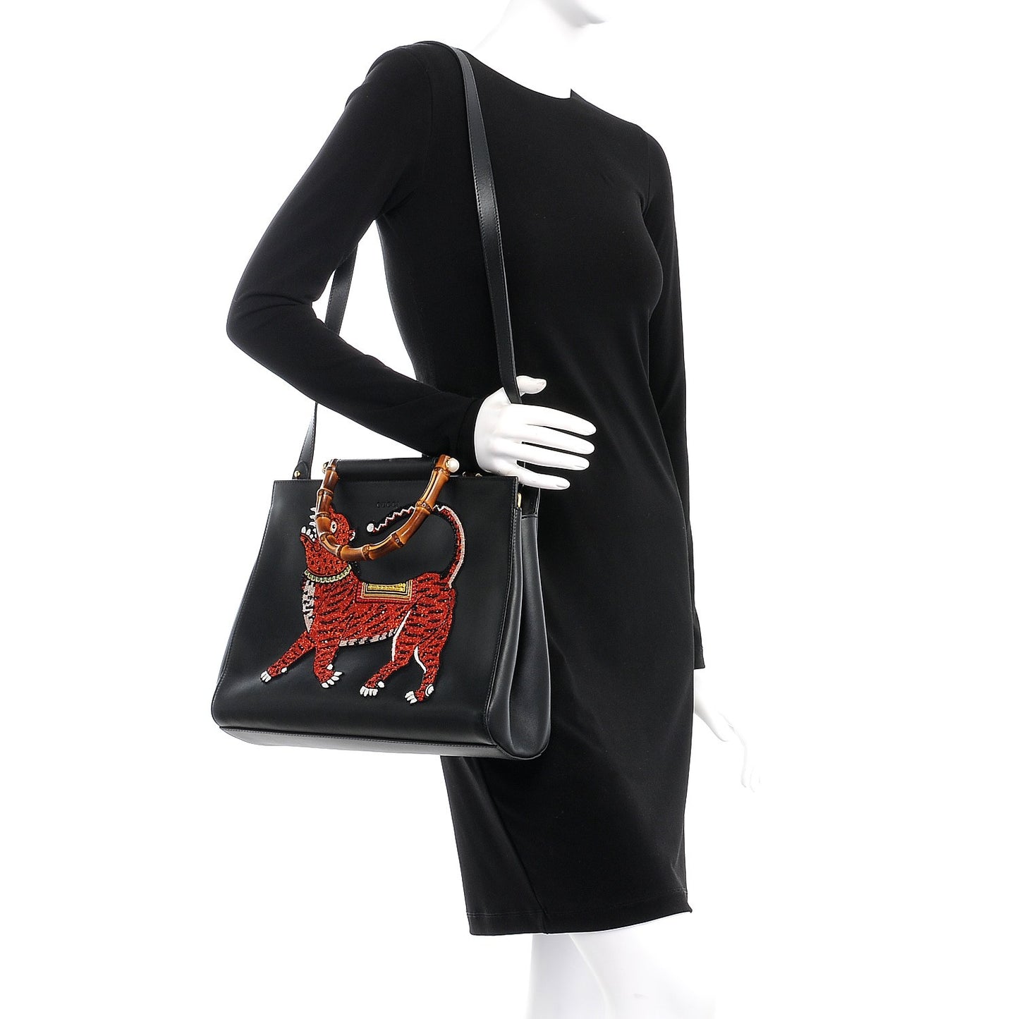 Nappa Bamboo Embroidered Medium Nymphaea Top Handle Bag Black