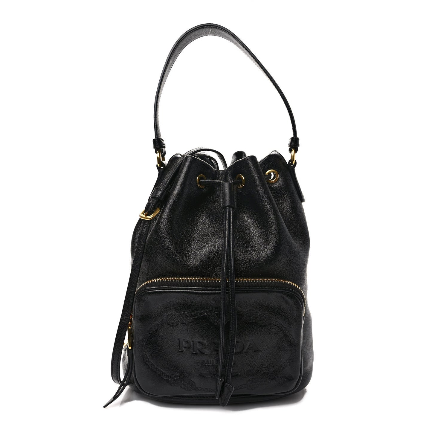 Glace Calfskin Embossed Secchiello Bucket Bag Black