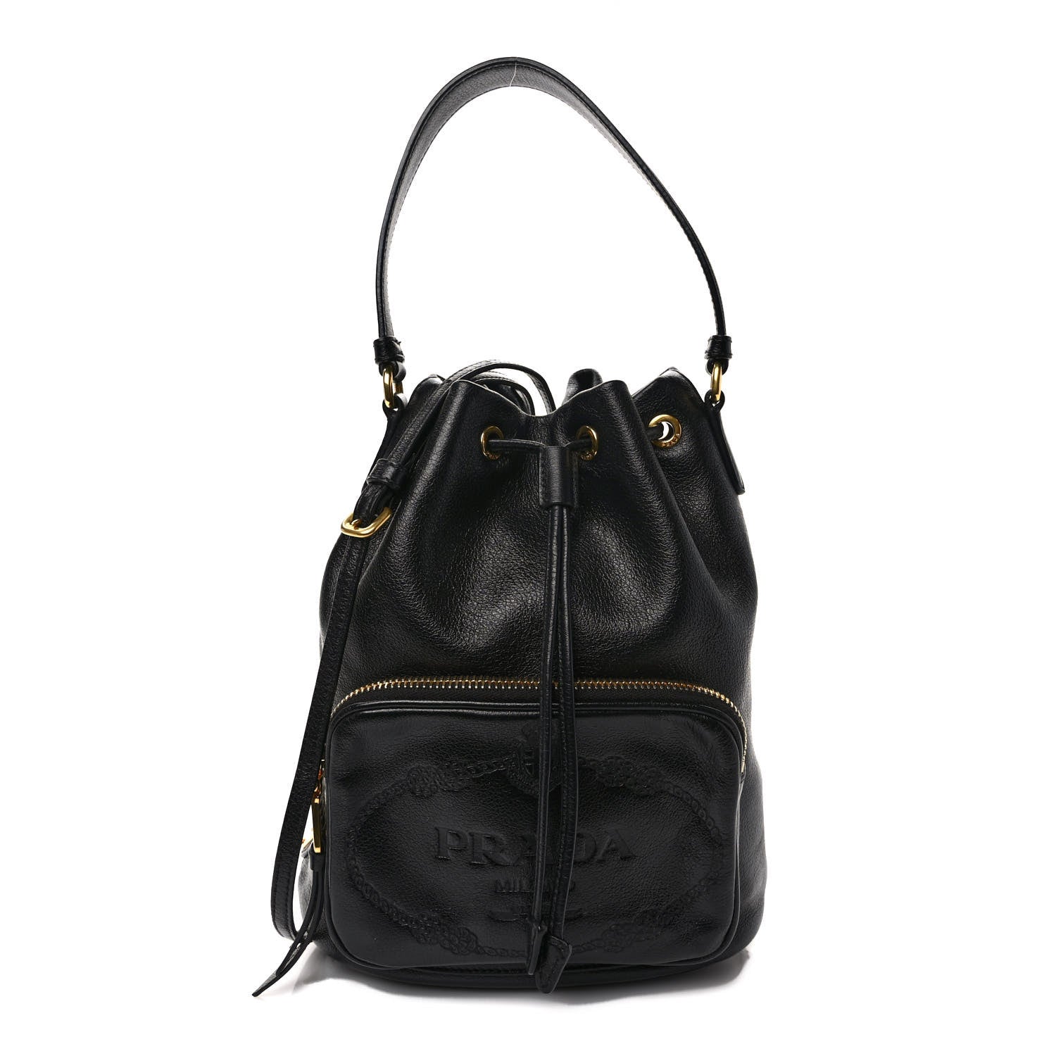 Prada Glace Calfskin Embossed Secchiello Bucket Bag Black 1 of 11