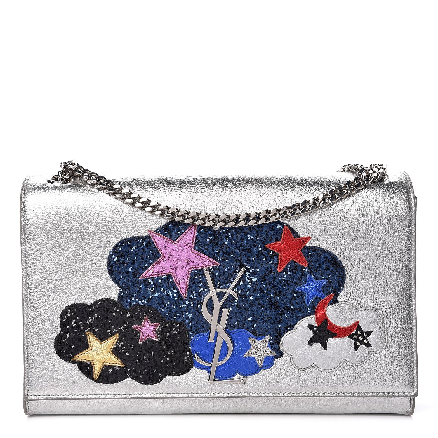 Saint Laurent Metallic Lambskin Medium Cloud Star Monogram Kate Satchel Argento 1 of 15