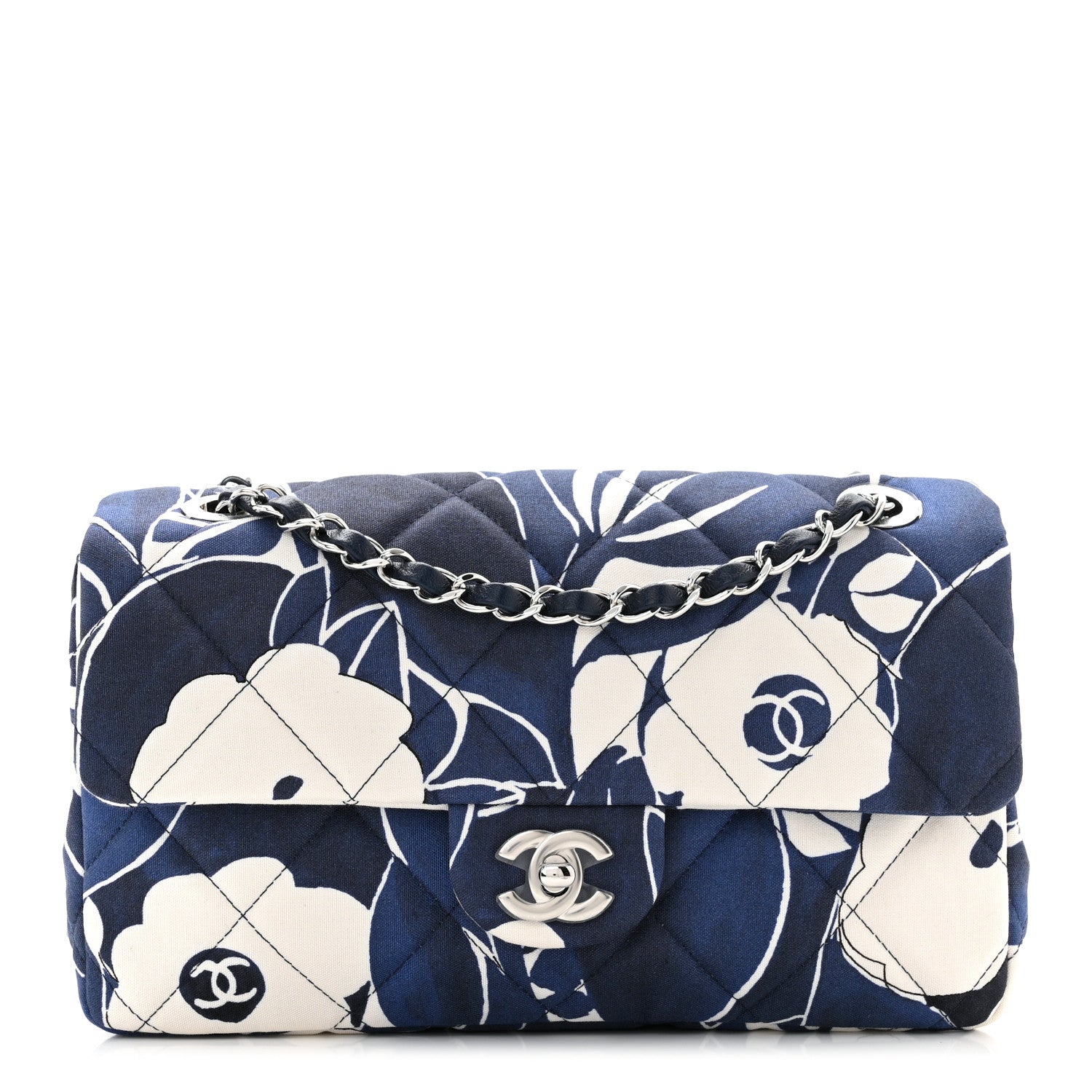 Chanel Floral Printed Silk CC Medium Single Flap Navy Blue White