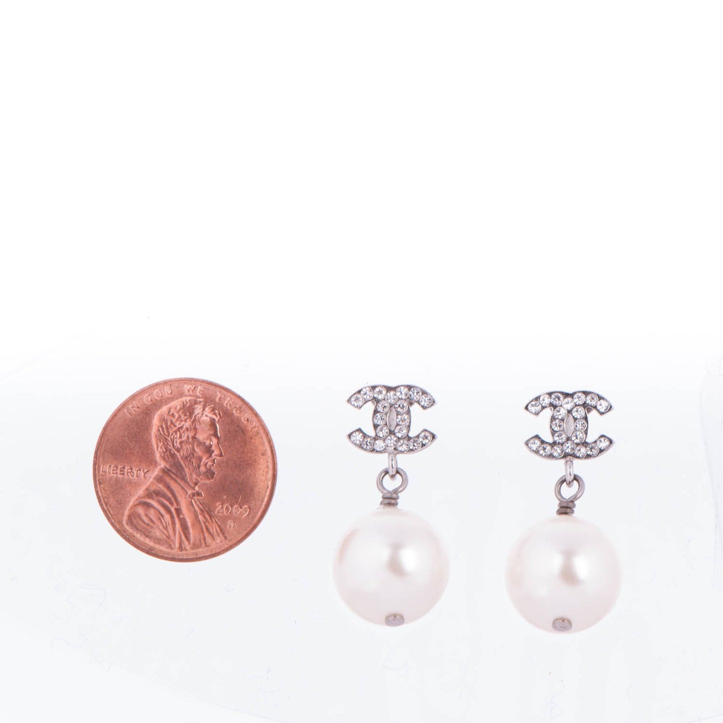 Crystal Pearl CC Drop Earrings Silver