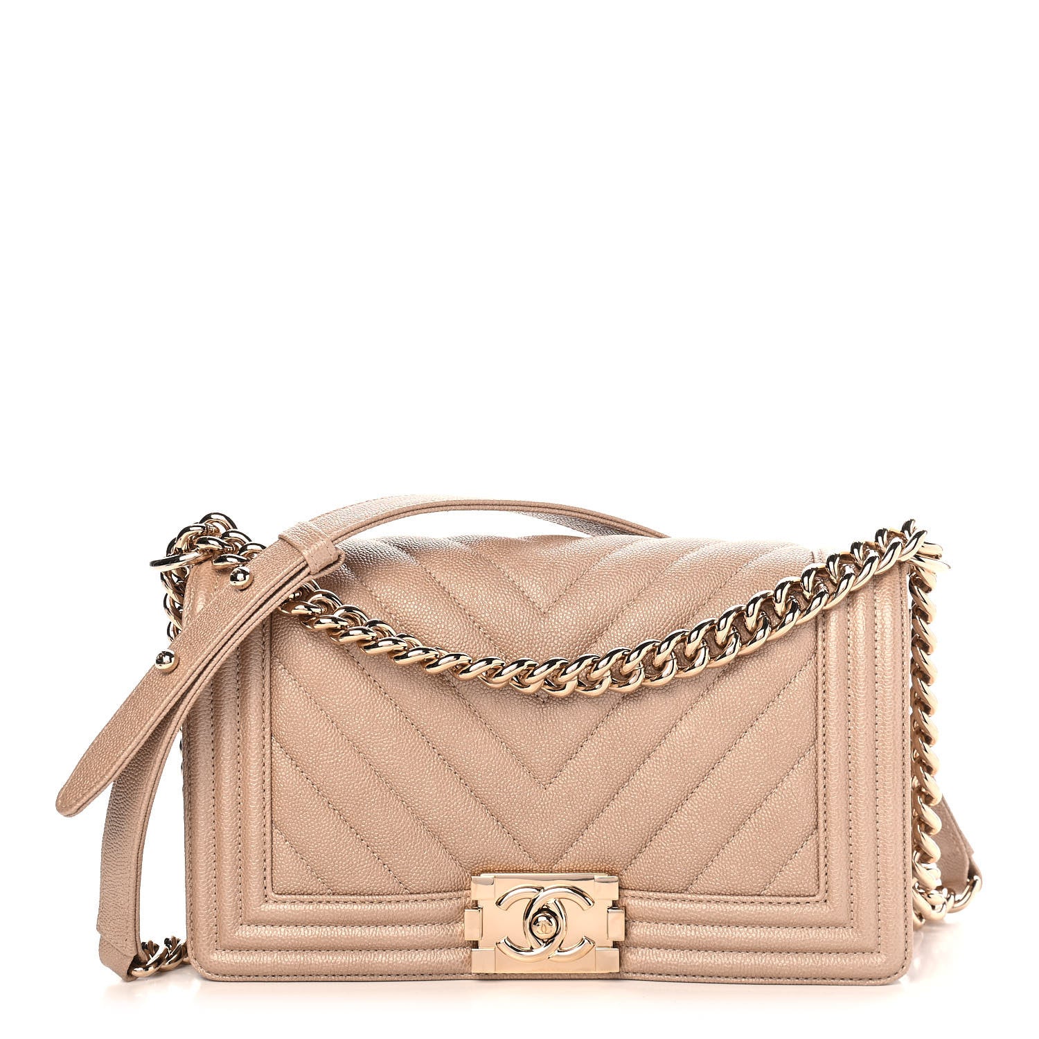 Chanel Metallic Caviar Chevron Quilted Medium Boy Flap Light Beige 1 of 9