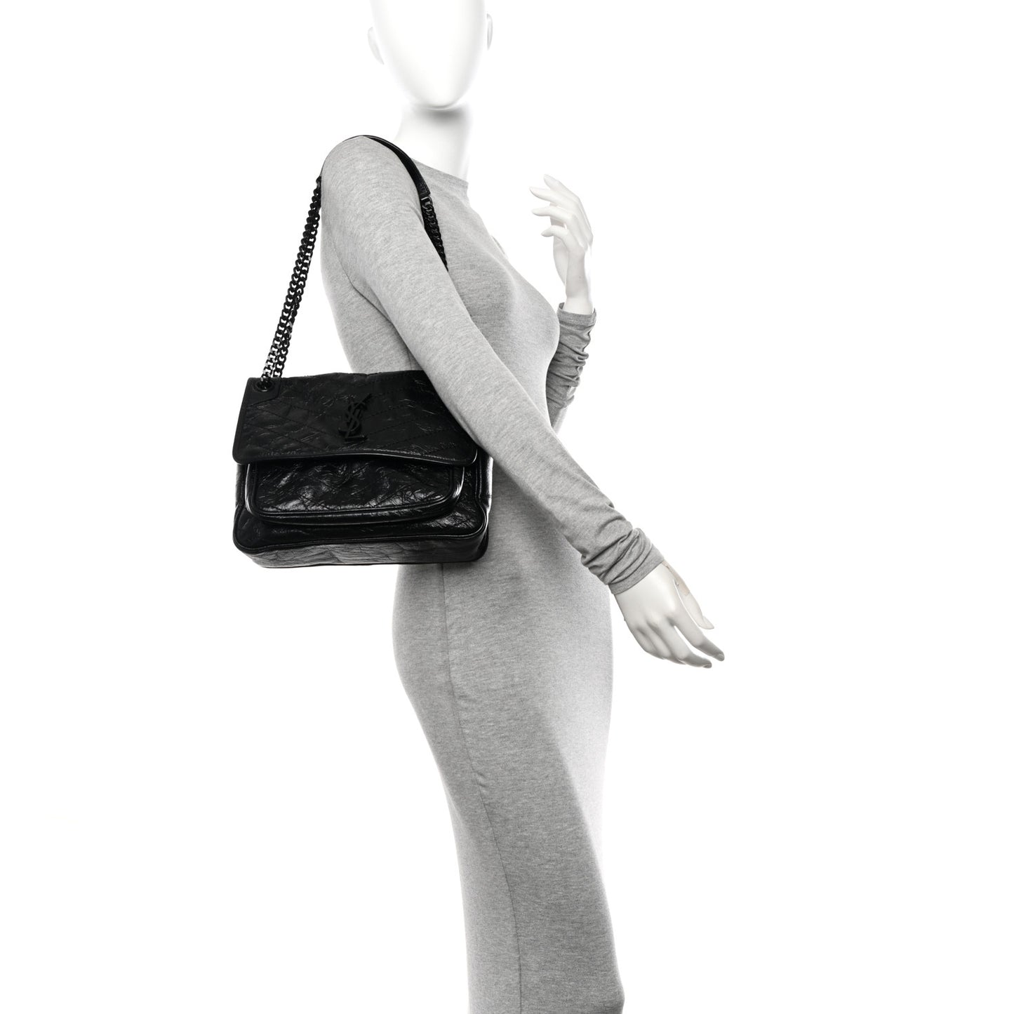 Crinkled Calfskin Matelasse Monogram Medium Niki Chain Satchel Black