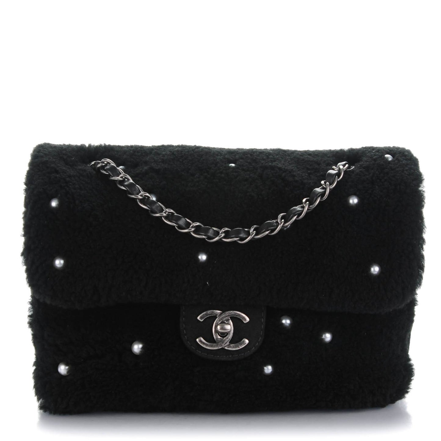 Shearling Lambskin Pearl Flap Black