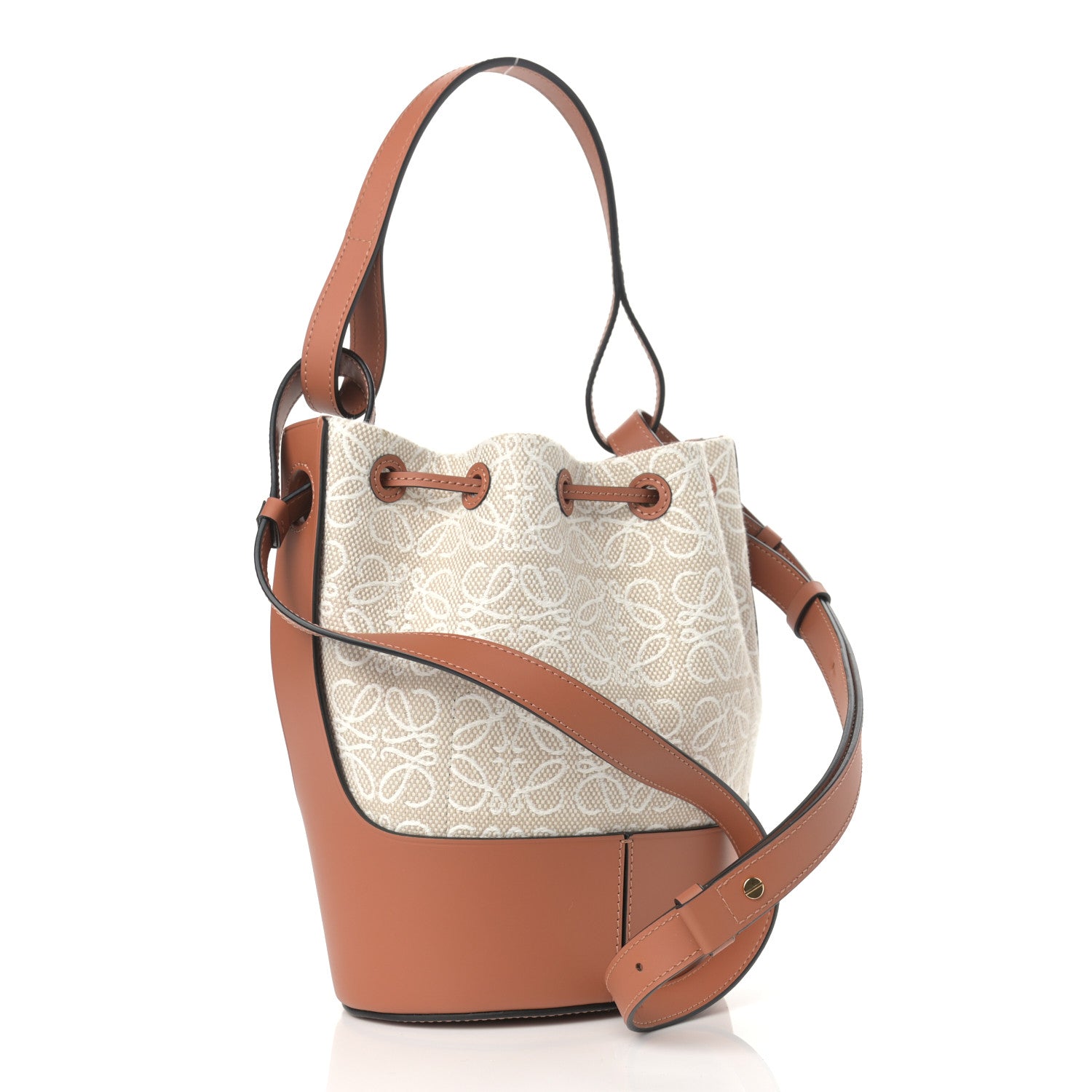 Loewe Calfskin Jacquard Linen Anagram Embroidered Small Balloon Bucket Bag Ecru Tan 3 of 8