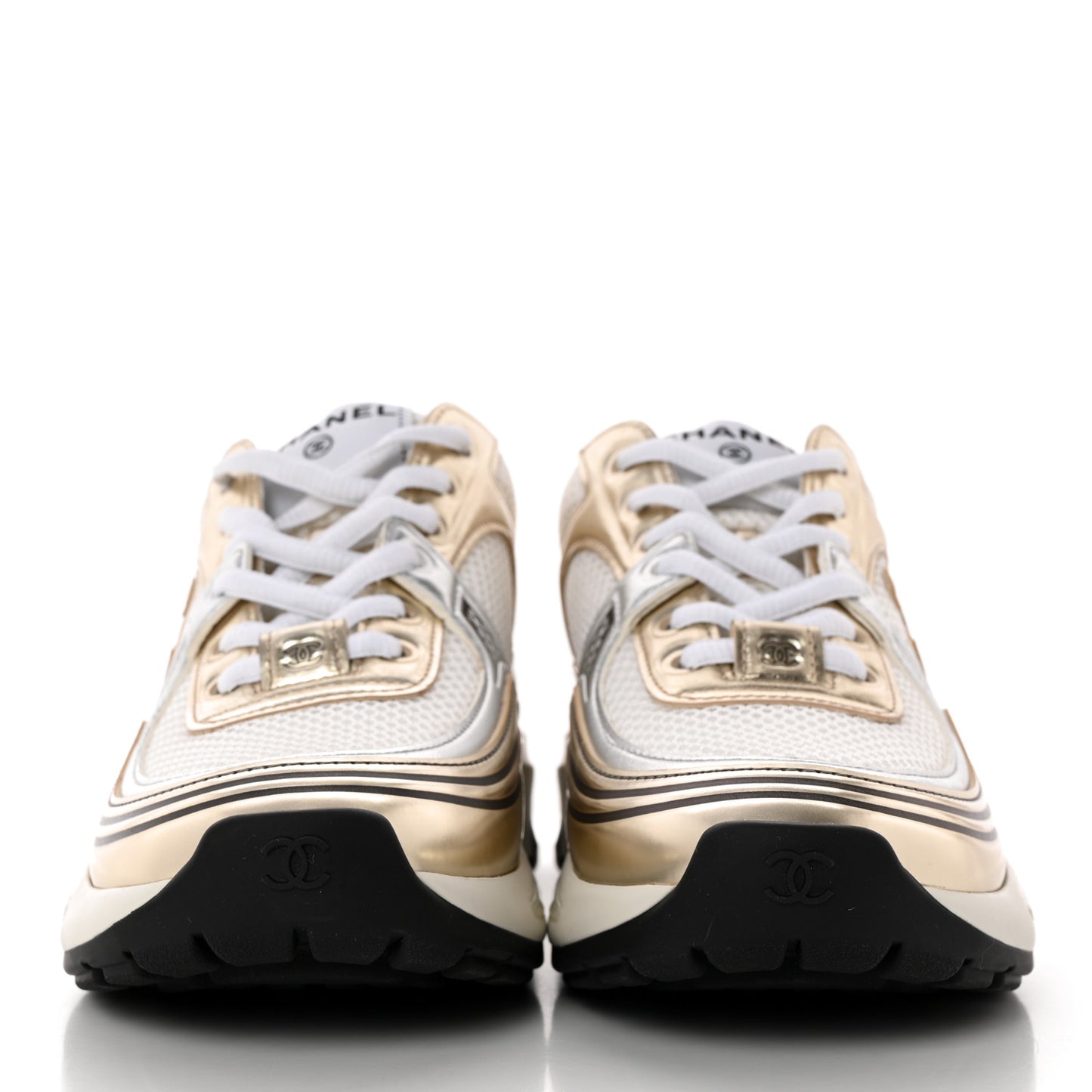 Fabric Laminated Calfskin Stretch CC Sneakers 36 White Gold Silver