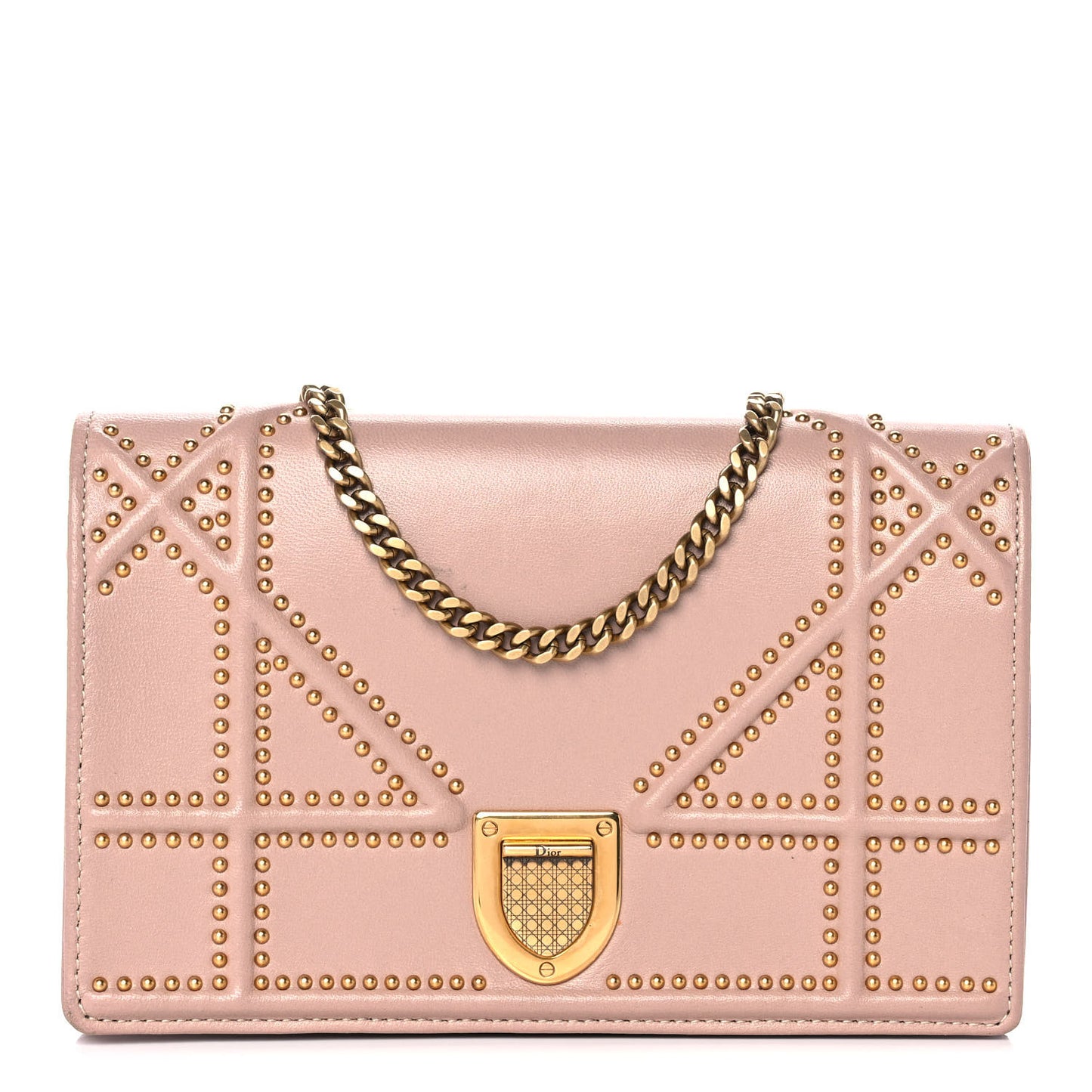 Calfskin Studded Diorama Wallet on Chain Pouch Nude
