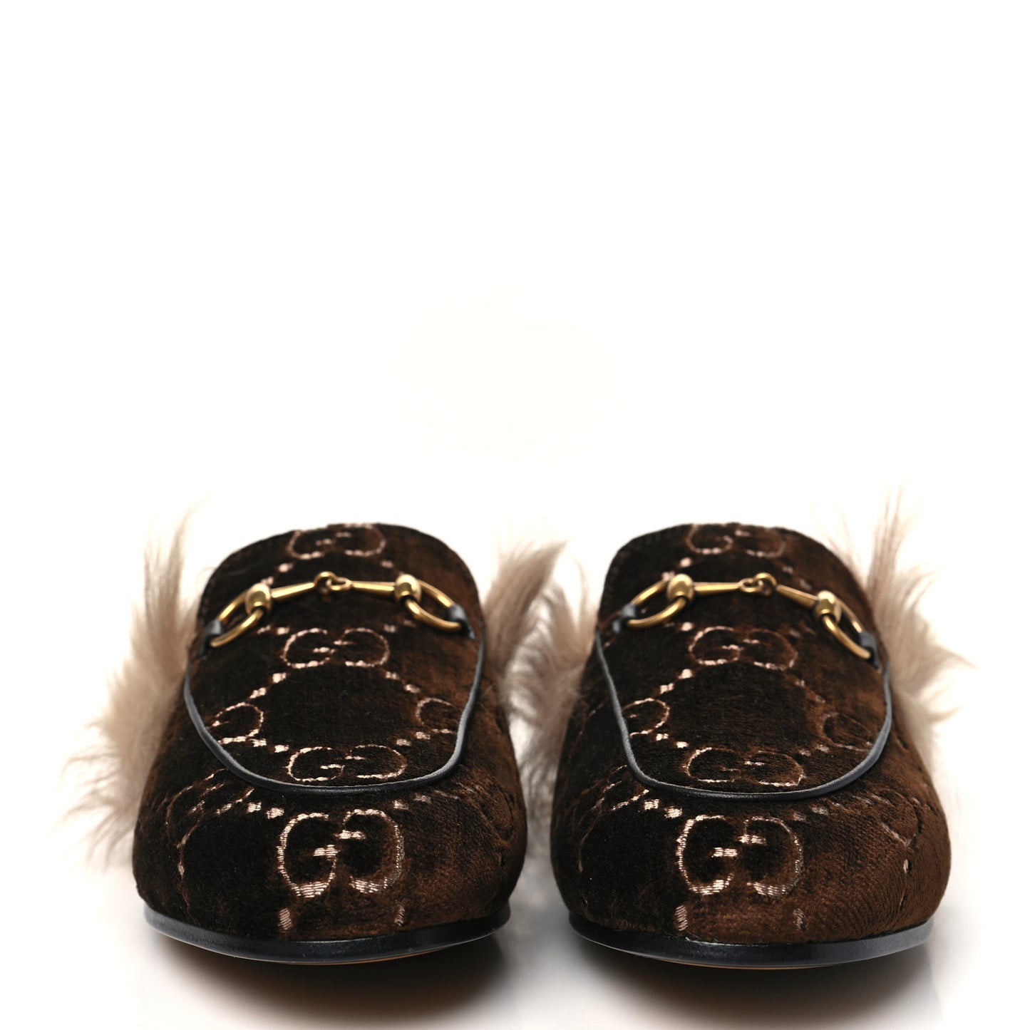 Velvet GG Monogram Fur Womens Princetown Slippers 36 Brown Black Natural