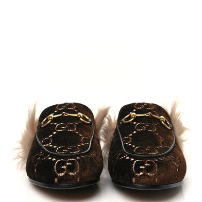Gucci Velvet GG Monogram Fur Womens Princetown Slippers 36 Brown Black Natural 3 of 9