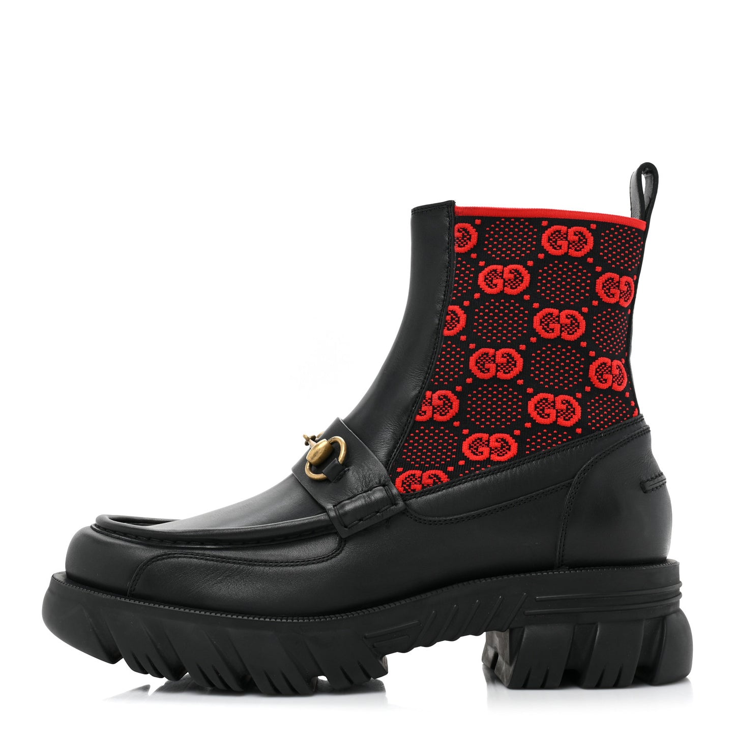 Quebec Calfskin Technical Jersey Knit GG Monogram Mens Horsebit Ankle Boots 9 Black Light Hibiscus Red