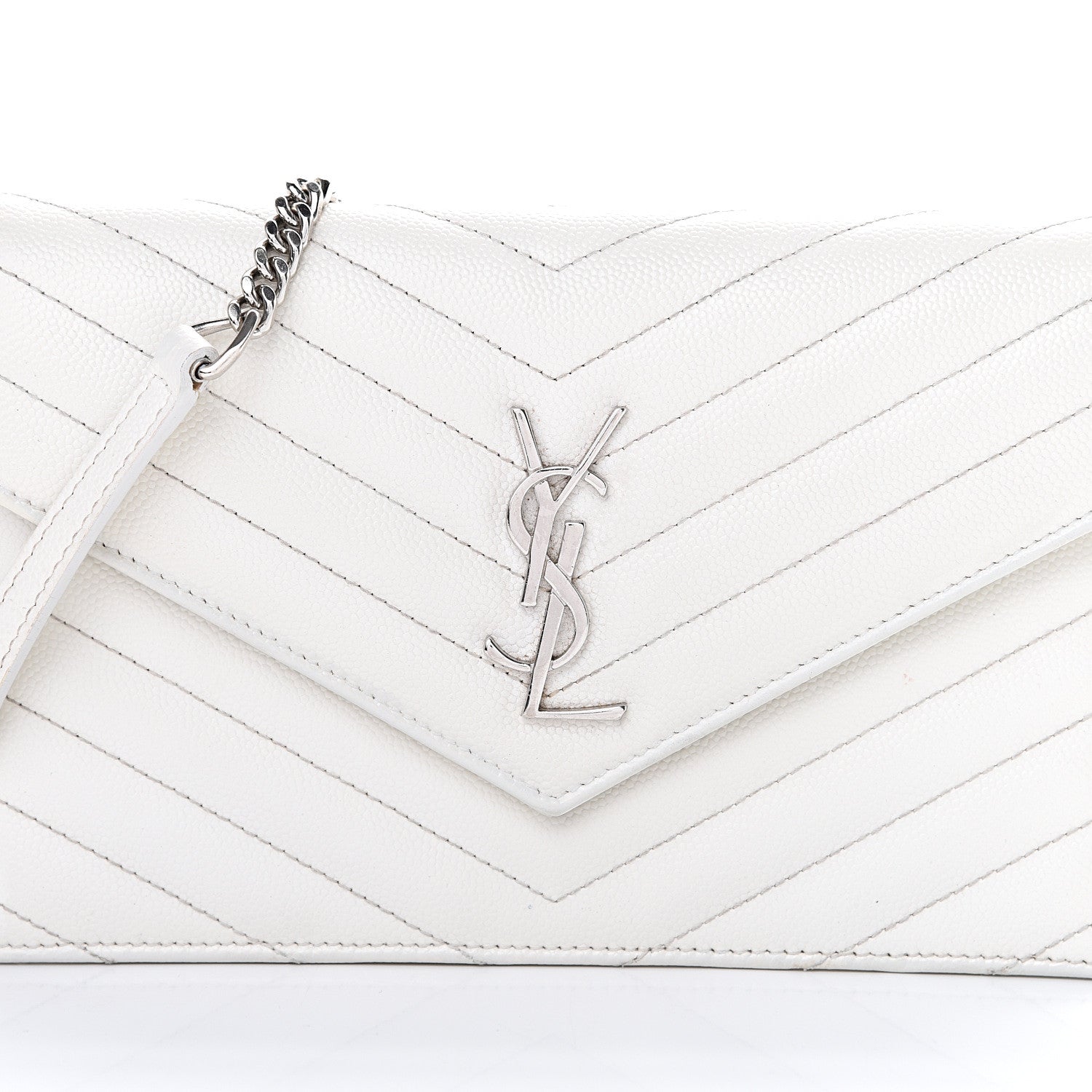 Saint Laurent Grain De Poudre Matelasse Chevron Monogram Envelope Chain Wallet Optical White 8 of 12